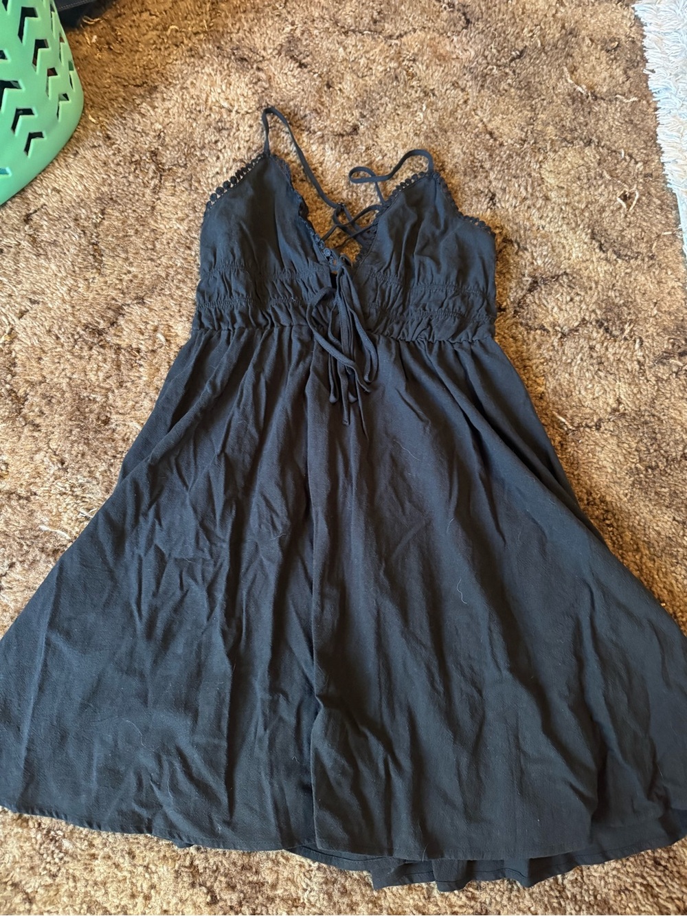 SHEIN Black Lace-Trim Tie-Waist Mini Dress